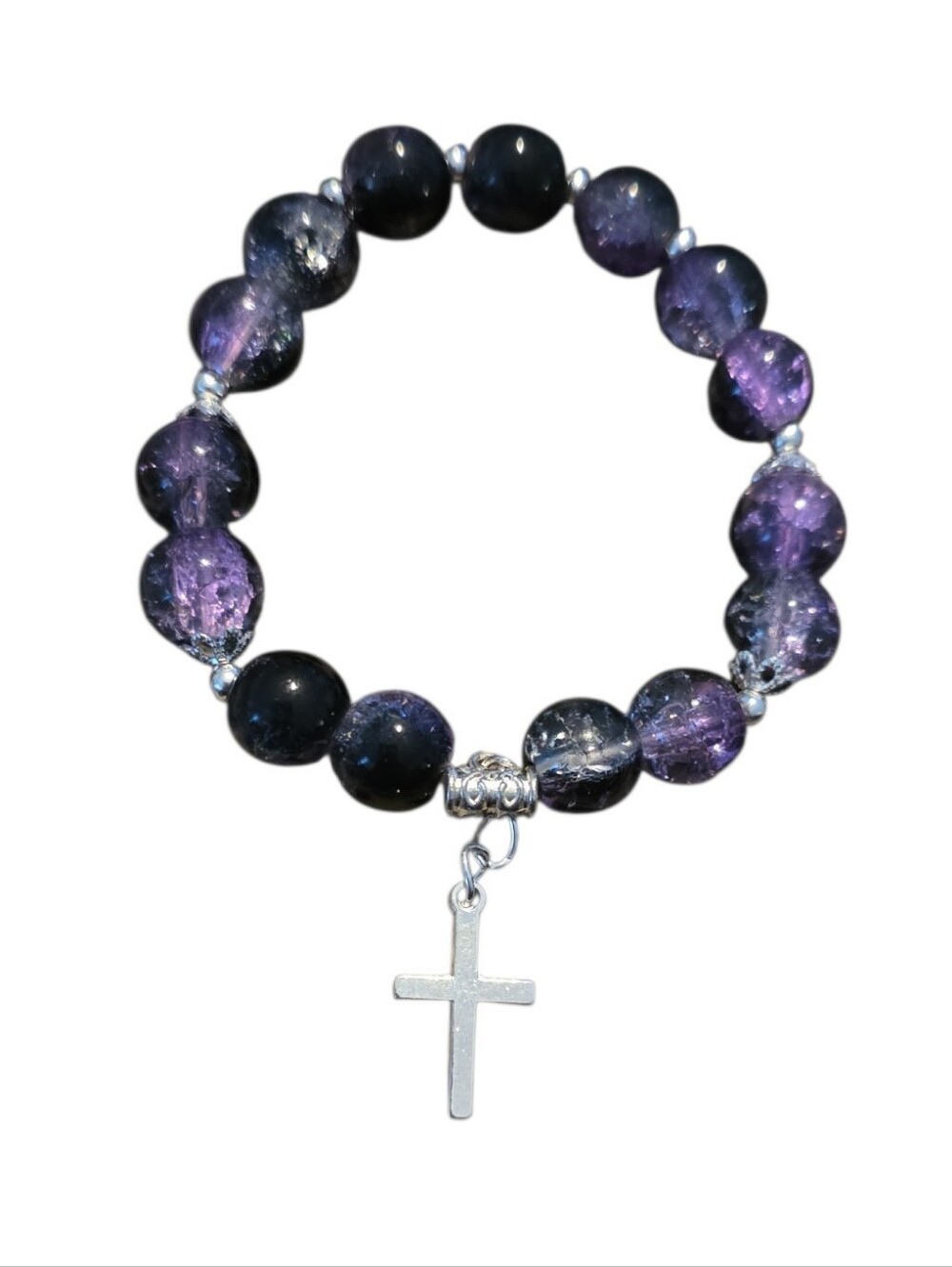 Silver Cross Purple and Black Beaded Stretch Bracelet